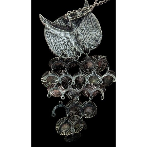 Quirky Y2K Own Pedant Necklace With Disc Fringe Feathers And Yellow Gem Eyes - Picture 9 of 10